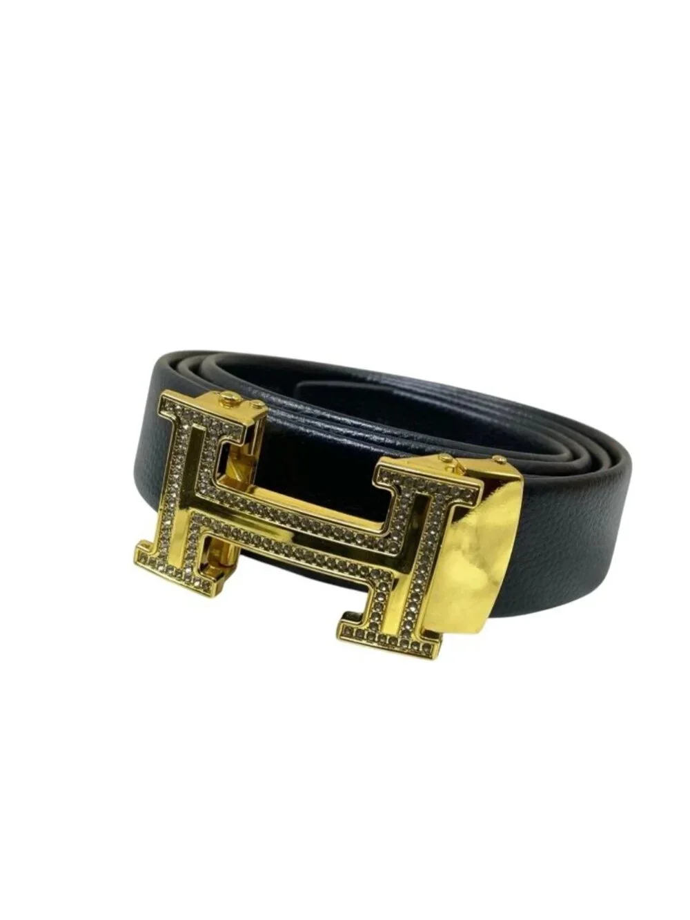 Elegant Fashion Belt Rhinestone Gold Buckle PU Leather Black Length 48.5 in